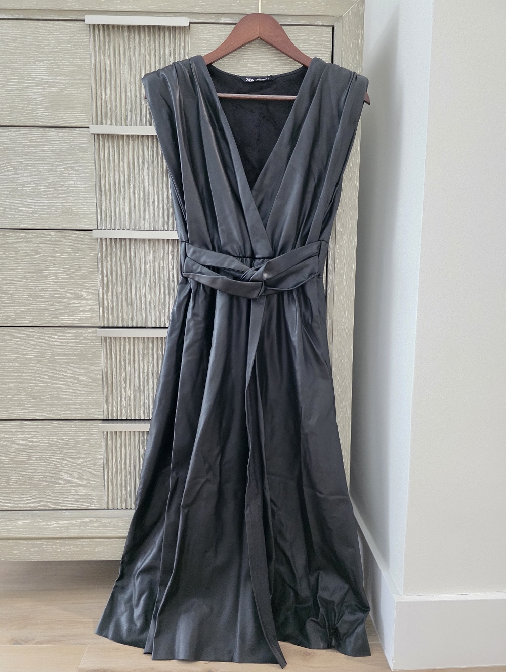 ZARA Faux Leather Midi Dress XS – Belted, V-Neck (NEW with tags)